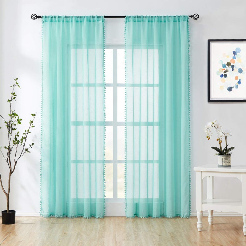 Treatmentex Pompom Sheer Curtain Panels 84inch Long Living Room Bedroom Window Curtain Drapes for School, Kindergarten 52" Width Each Panel. 1 Pair Rod Pocket Aqua - Image 2